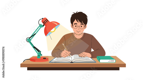Dedicated student sitting at a desk studying under a bright desk lamp and writing carefully in an open notebook.