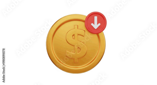 Vector illustration of 3d gold dollar coin with a red notification badge showing a downward arrow on a transparent background