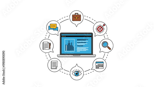 Central laptop computer surrounded by icons representing diverse business tasks, project management, and planning.