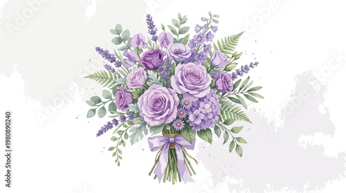 Purple watercolor floral bouquet vector with lavender and roses, elegant violet flower arrangement for wedding invitations, soft lilac botanical bunch with green leaves