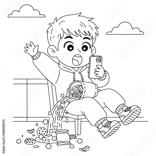 Mischievous Boy Dropping Food While Using Phone Coloring Page for Kids
