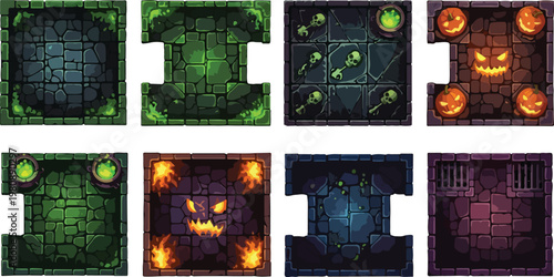Pixel art dungeon floor tileset with 8 game assets, spooky stone brick textures for RPG level design, dark fantasy underground chamber maps with pumpkins and skulls
