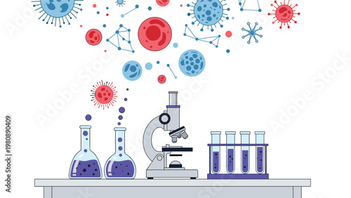 Professional laboratory microscope and test tubes with various colorful virus particles and molecules floating above.