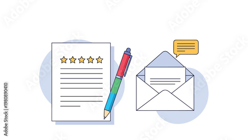 Customer feedback concept with five star rating on paper colorful pen and open envelope representing review and communication process.