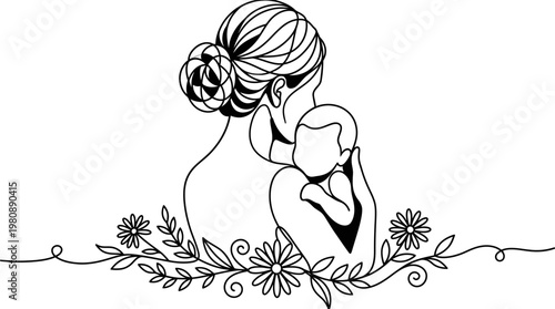 Minimalist Line Art Illustration of Mother Holding a Newborn Baby with Elegant Floral Accents