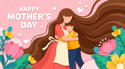 Happy Mother's Day Greeting Card Background with Paper Cut Art Illustration of Mother and Son Hugging, Floral Frame, and Hearts
