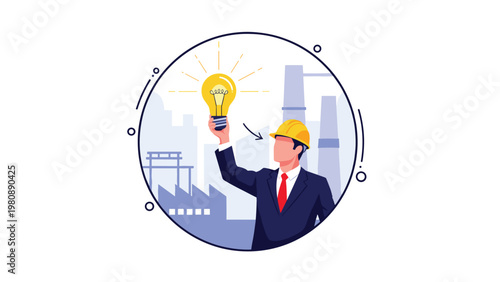 Innovative engineer in suit and hard hat holding glowing lightbulb symbolizing new ideas and creative solutions in industrial environment.