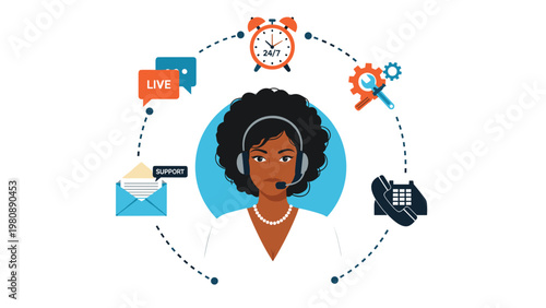 Professional customer support representative with headset surrounded by icons representing around the clock service and various contact methods.