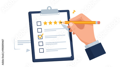 Hand holding pencil filling out survey form on clipboard with star ratings and checkmarks representing customer feedback and evaluation.