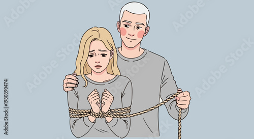 Toxic relationship concept vector illustration, man tying woman hands with rope, psychological abuse and domestic violence scene