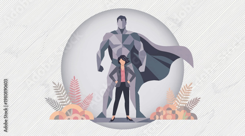 Empowered Businesswoman with Superhero Shadow Representing Inner Strength and Leadership Potential in Geometric Flat Illustration Style