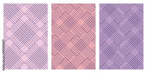 Three abstract geometric patterns in pink and purple hues