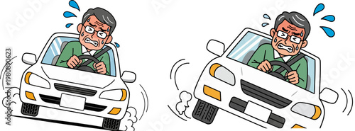 Elderly man driving car recklessly, senior driver losing control of white vehicle, dangerous driving and traffic accident risk, flat vector set