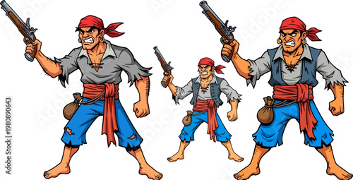 Angry pirate character holding flintlock pistol, cartoon buccaneer with red bandana and sash, seafaring swashbuckler vector illustration set
