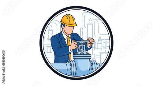 Engineer in suit and yellow hard hat operating valve on industrial pipeline representing facility maintenance and technical control in factory.