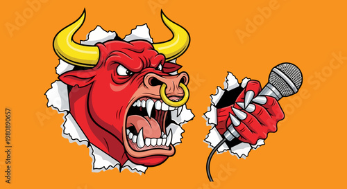 Angry red bull mascot holding microphone, aggressive bull head breaking through wall, fierce minotaur singer character for sports or music branding