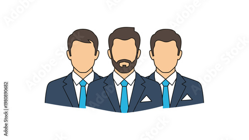 Trio of professional businessmen in matching dark suits and blue ties symbolizing strong team leadership and corporate partnership in business.