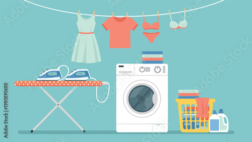 Modern laundry room scene with white washing machine ironing board basket of folded clothes and drying garments for housework concepts.