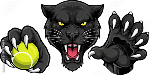 Black panther tennis mascot vector, aggressive cougar head holding tennis ball, fierce wildcat sports logo with sharp claws and fangs