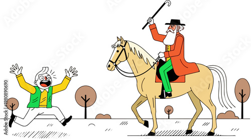 Vintage style illustration of a gentleman riding a horse, elderly man on horseback with a walking stick, character meeting a running boy in a park