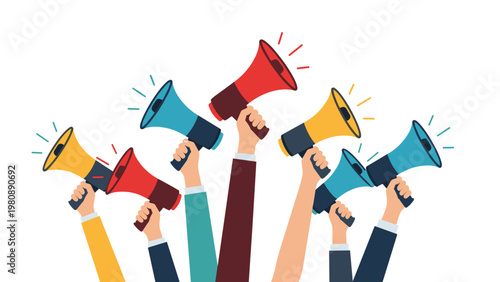 Diverse hands holding up colorful megaphones symbolizing public speaking marketing announcement and collective voice for social or business promotion.
