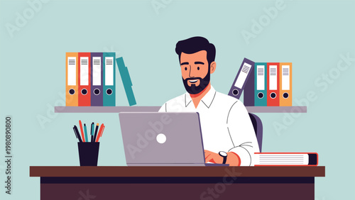 Professional businessman working on a laptop at his office desk with colorful file folders and office supplies on shelves behind him for work.