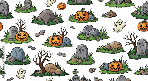 Spooky Halloween seamless pattern vector, cartoon graveyard cemetery background with jack o lanterns and ghosts, creepy autumn holiday wallpaper with tombstones and rocks