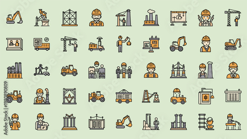 Comprehensive set of construction and industrial icons including workers, excavators, cranes, factories, and safety equipment for project planning.