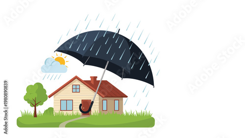 Large umbrella protecting a residential house from heavy rain during a storm symbolising insurance and property protection services for owners.