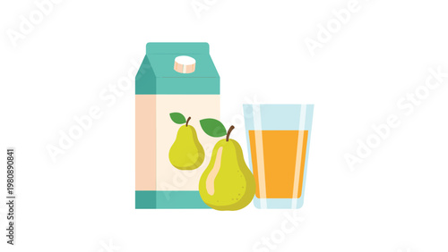 Carton of fresh pear juice next to a glass filled with the same beverage and two whole pears representing healthy organic drinks for daily life.