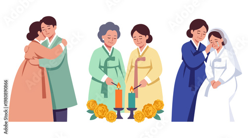 Traditional Korean Wedding Ceremony Scenes Set, Couple Hugging, Mothers Lighting Candles and Bride Crying in Hanbok Flat Vector Illustration