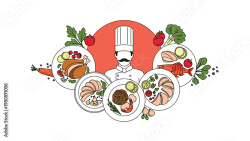 Professional chef character surrounded by various delicious gourmet plates including chicken, fish, steak, and fresh vegetable garnishes for food.
