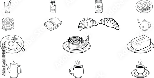 A Delightful Isometric Collection of Classic Morning Breakfast Food and Beverage Line Art Icons Featuring Croissant Coffee Tea Toast Pancakes Eggs Jam Butter and Juice