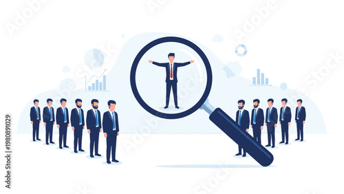 Talent acquisition and hiring process illustration with a magnifying glass highlighting a selected candidate from a row of professional applicants.