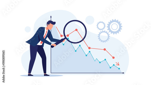 Businessman analyzing a declining financial market graph with a magnifying glass to find solutions for economic downturns or crisis management.