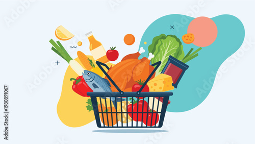 Shopping basket overflowing with fresh healthy food items like chicken, fish, vegetables, cheese, and milk representing grocery delivery service.