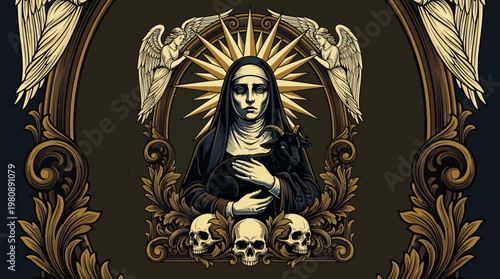 Dark Gothic Nun Illustration with Black Goat, Skulls, and Angels - Occult Religious Horror Art