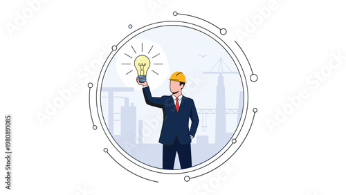 Architect or engineer in a hard hat holding up a glowing light bulb representing a brilliant new idea for urban development and construction.