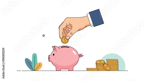 Hand putting a gold coin into a pink piggy bank next to stacks of coins representing financial savings and investment strategies for the future.