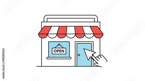 Online shopping concept with a cursor clicking on a retail storefront icon to represent e-commerce and digital marketplace transactions for users.