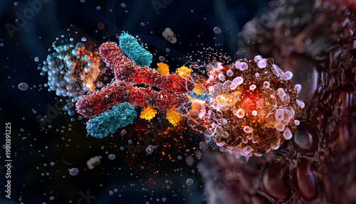 Bild auf Leinwand Antibody drug conjugate delivering cytotoxic nanoparticle payload to cancer cell via molecular linker