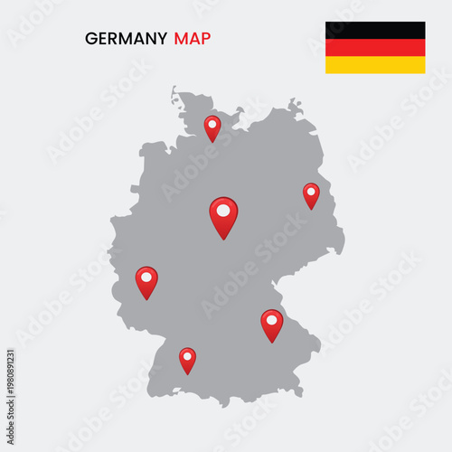A gray map of Germany with red location pins and the German flag in the corner