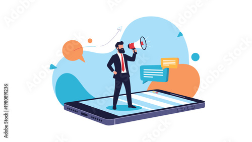 Businessman standing on a giant smartphone using a megaphone to announce digital marketing news or social media advertisements to a wide audience.