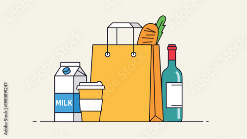 Grocery bag filled with daily essentials including milk, bread, carrots, and a bottle of wine representing home delivery services for families.