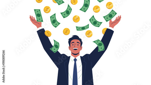 Happy businessman celebrating financial success as money in the form of dollar bills and coins falls from the sky around him in the open air.