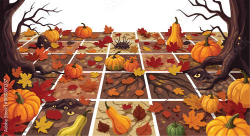 Spooky Halloween pumpkin patch vector background, autumn harvest landscape with orange pumpkins and fallen maple leaves, creepy forest scene with gnarled trees and eyes