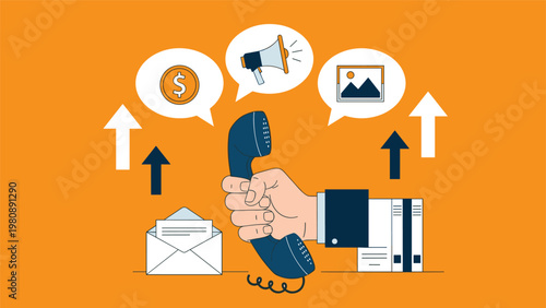 Business communication and marketing concept with a hand holding a telephone handset surrounded by financial and media icons for sales growth.