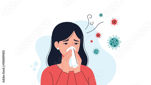 Young woman feeling ill with cold or flu symptoms sneezing into a tissue while surrounded by floating virus and bacteria icons in a flat style.