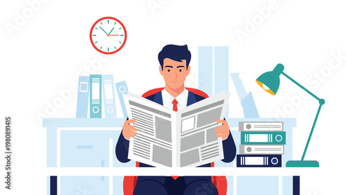 Focused businessman sitting at his clean office desk reading a newspaper with binders wall clock and desk lamp visible in the blurred background.