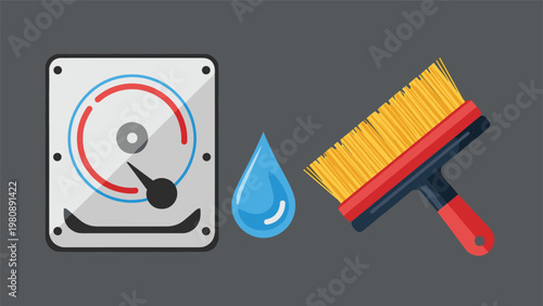 Computer data cleaning and system maintenance concept with hard drive disk icon a blue water drop and a professional computer cleaning brush.
